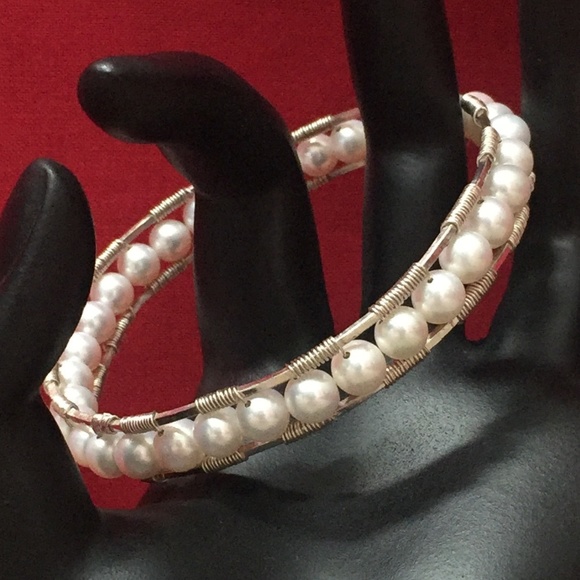 handmade Jewelry - White Pearl Silver Bangle handmade